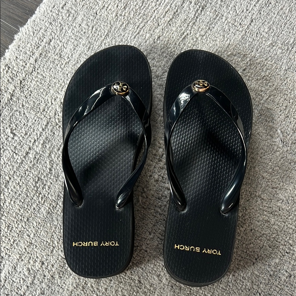 Tory Burch Glossy Black Wedge Flip Flops